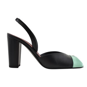 Chanel 26S Blazy Black Mint Green Square CC Sling Slingback Block Heel Pump 37.5